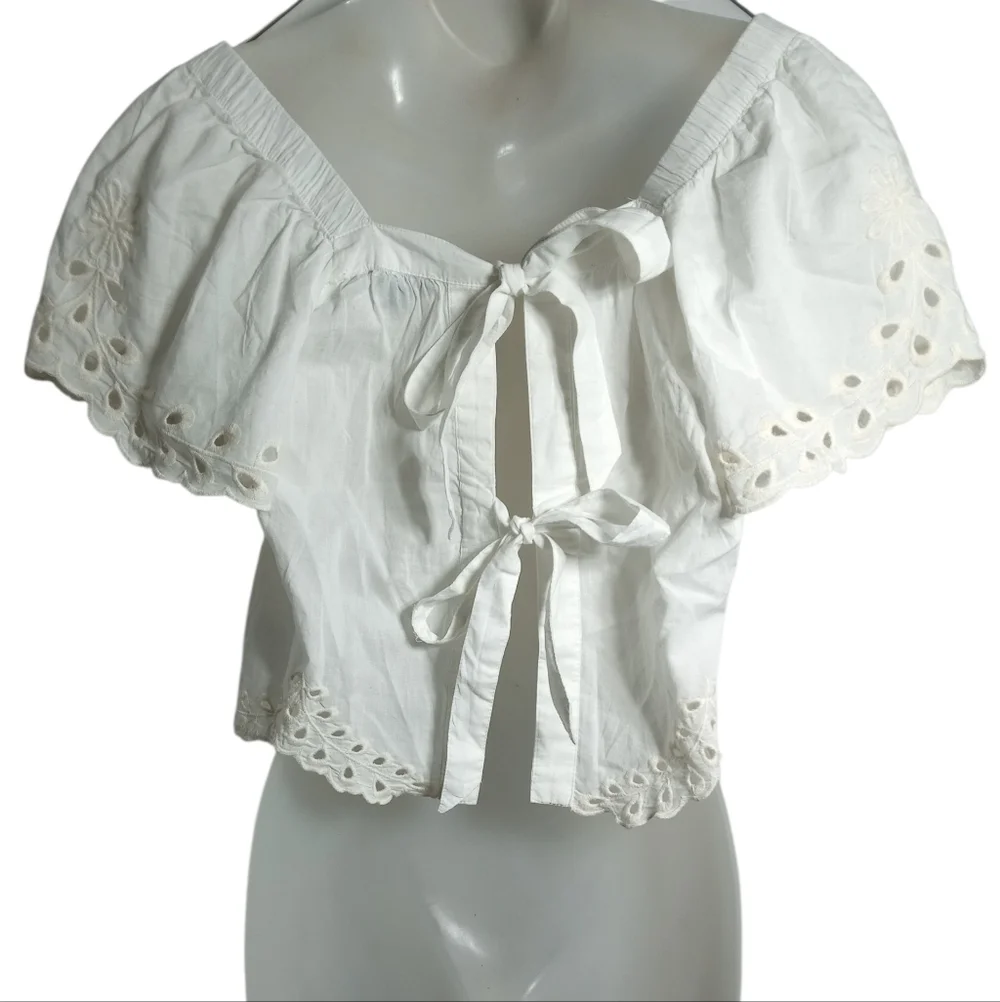 American Eagle Hippie Eyelet Lace Crop Top Square Neck Tie Back Blouse Sz XS